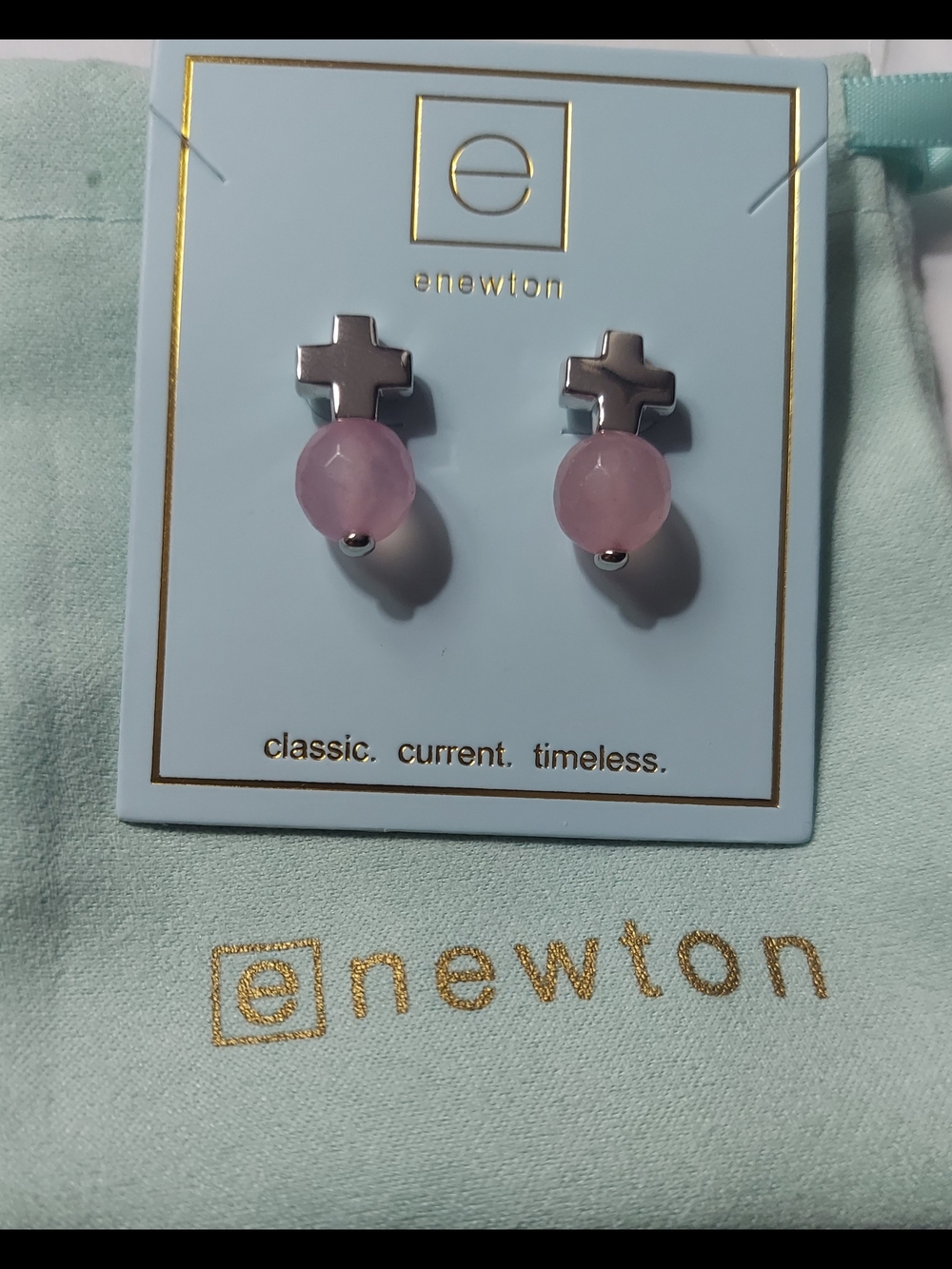 Newton Pink Rose Quartz Cross Drop Earrings